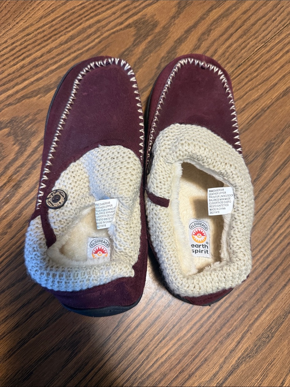 Earth Spirit Burgundy Slip-On Moccasin Slippers with Cream Knit Trim